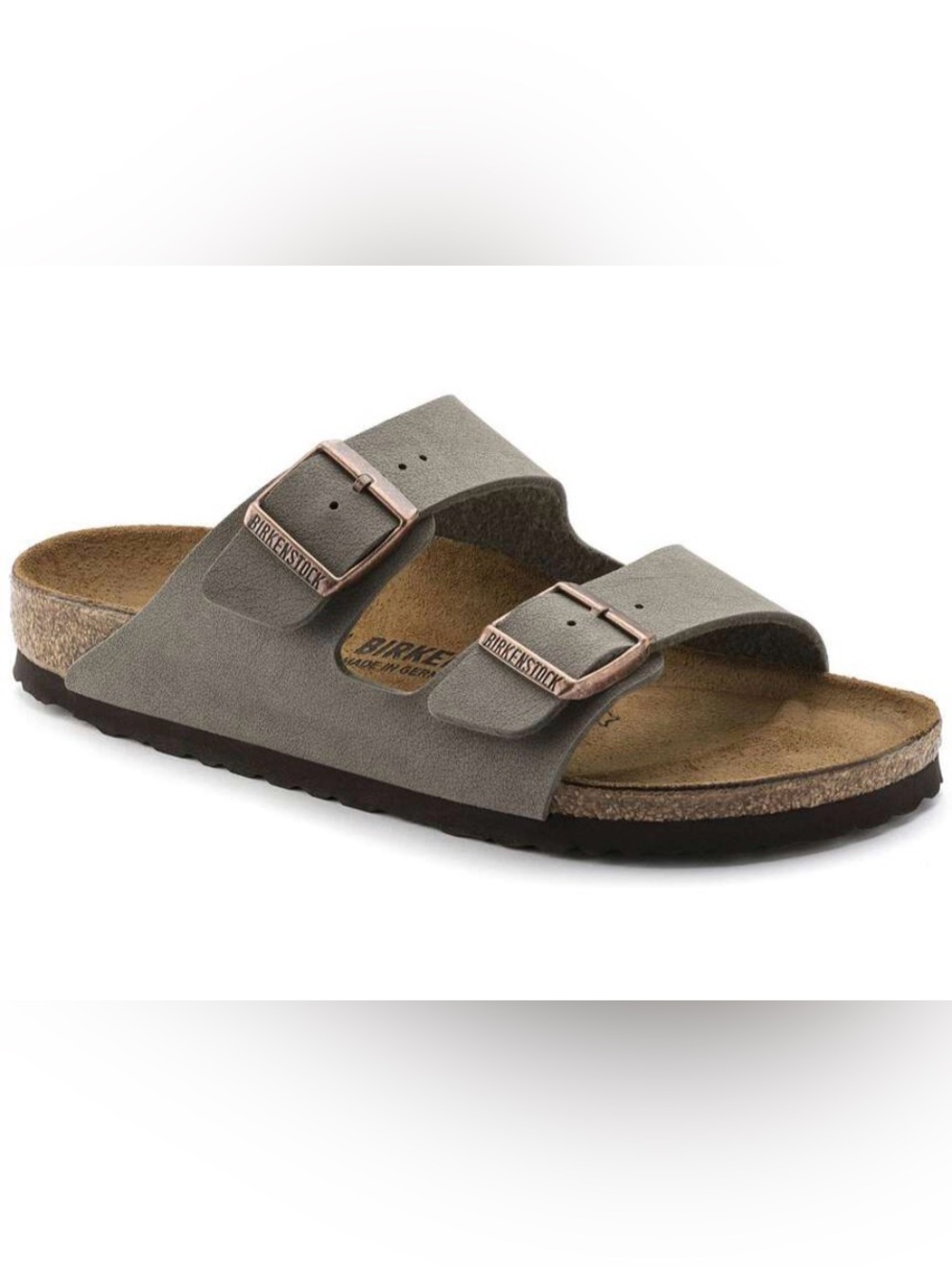Birkenstock Arizona Two-Strap Sandal in Stone with Copper Buckles